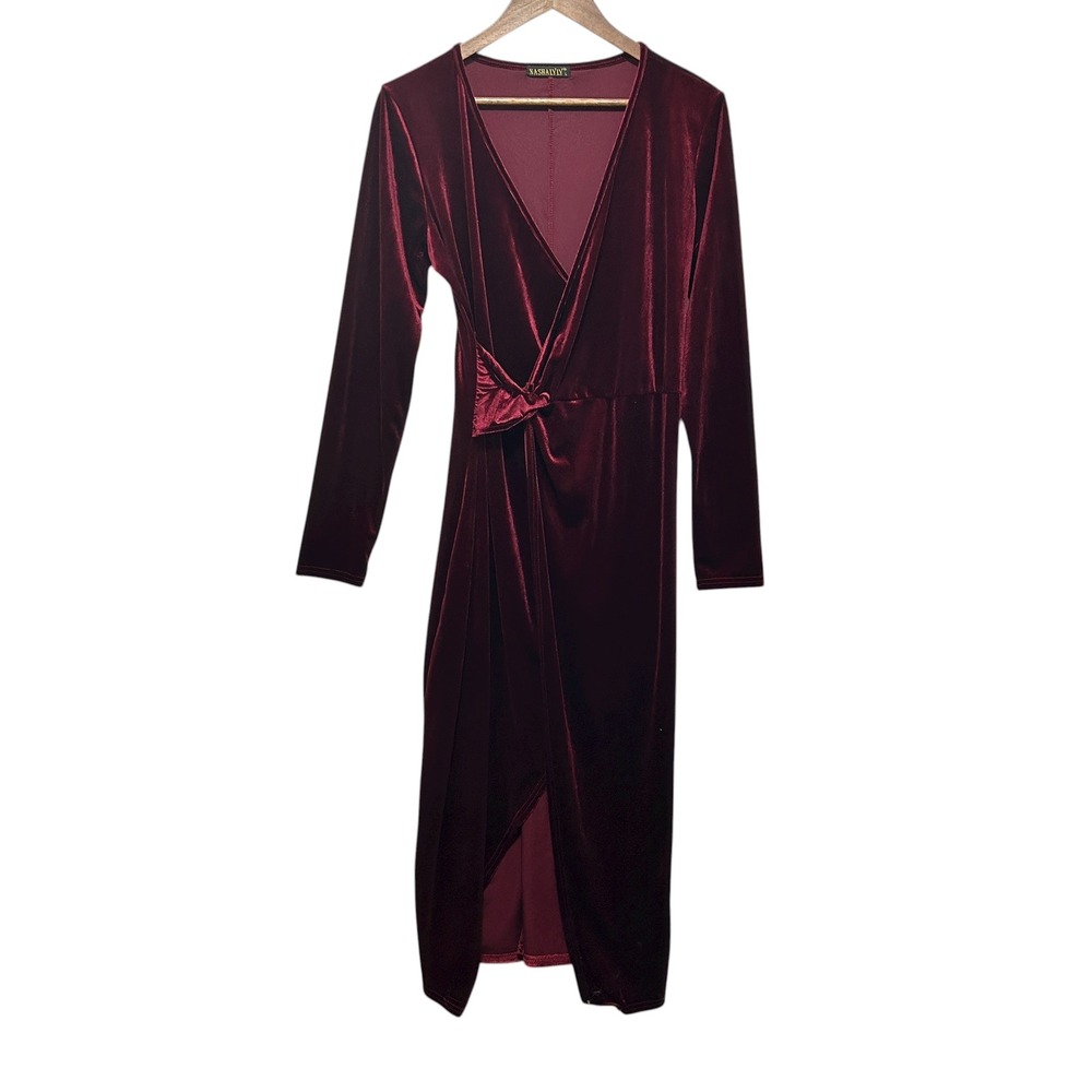Nashalyly Women Velvet Wrap Dress M Burgundy Long Sleeve Front Slit Luxe Holiday
